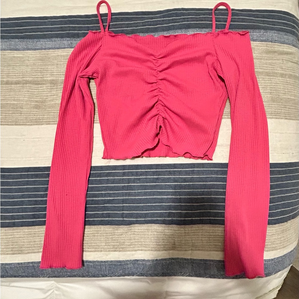 Pink Ruched Lettuce Trim Front Tee